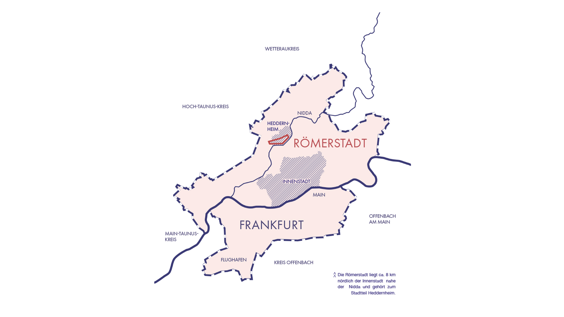 Historischer und aktueller Kontext der Siedlung Römerstadt, Verortung Römerstadt innerhalb Frankfurts (Schematischer Lageplan, hochC, 2023)